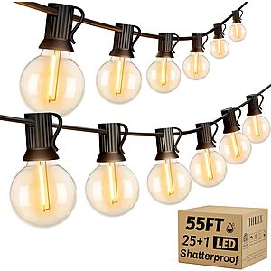 OHLUX Outdoor String Lights,55FT Shatterproof LED Patio Lights with 26 Dimmable Plastic G40 Bulbs,2200K Waterproof Connectable Hanging String with E12 Base $14.99