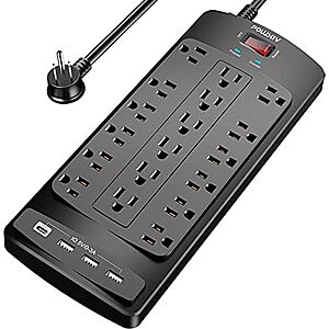 17.94* | Powsav 18-Outlet 6' Flat Plug Surge Protector w/ 4 USB Ports (Black) at Amazon