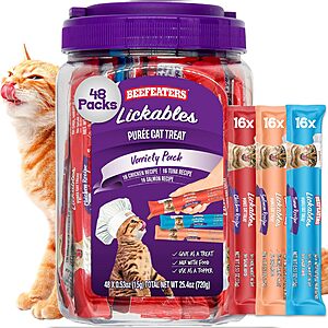 48-Ct Beefeaters Lickable Wet Puree Cat Treats (Variety Pack) + $1.65 Amazon Credit $15.57 w/ S&S + Free Shipping w/ Prime or on $35