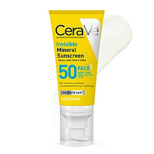 S&S] CeraVe Invisible Mineral Sunscreen SPF 50,Face Sunscreen for Sensitive Skin With Zinc Oxide & Titanium Dioxide Travel Size 1.62 oz $9.03