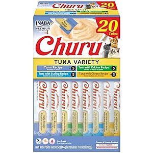 SnS,AC] $8.39* | 20-Ct 0.5-Oz Inaba Churu Squeezable Purée Cat Treats (Tuna Variety Pack) at Amazon