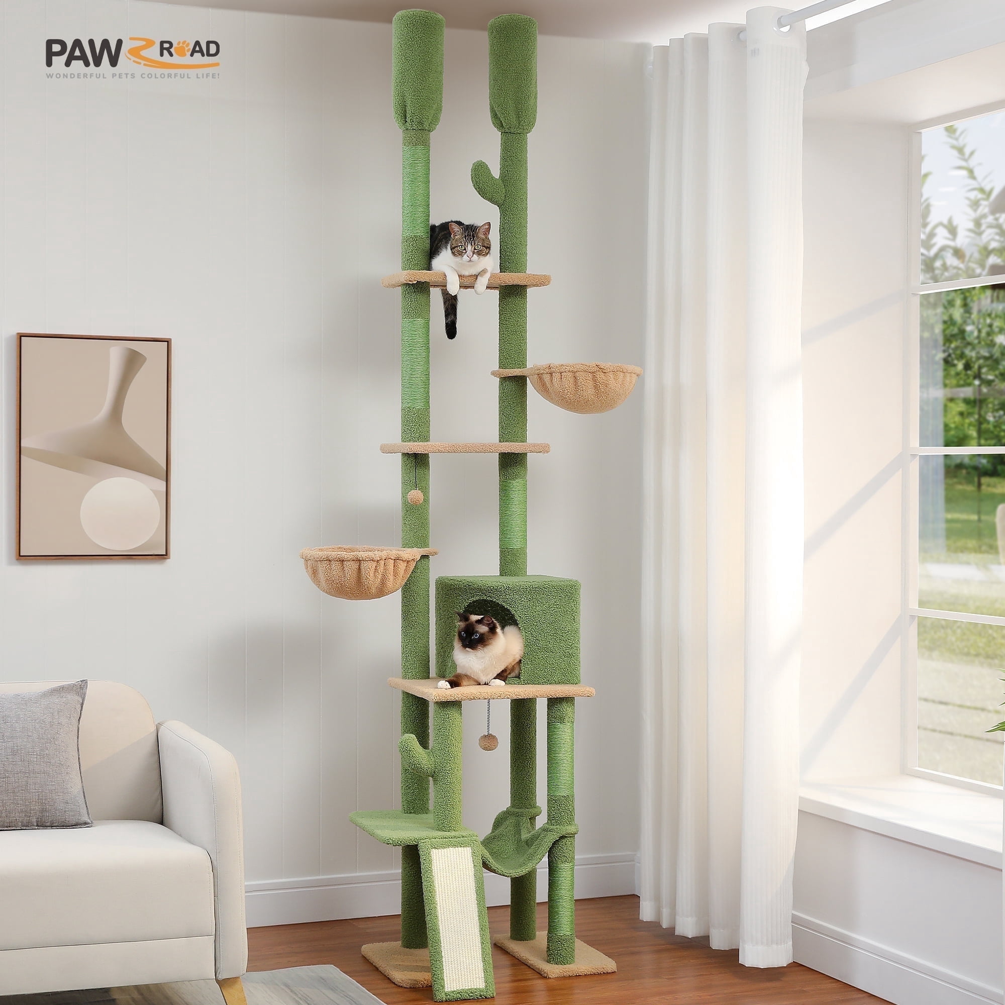 PAWZ Road 85-112" Cactus Cat Tree Floor to Ceiling Adjustable Climbing Cat Tower Scratching Post 2-Hammocks,Green $89.99