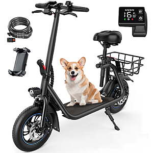 MIHOVER 450W Electric Scooter with Seat, Commuter Electric Scooter for Adult with Basket & Free Phone Holder & Steel Cable Lock & Inner Tube- up to 21 Miles 15.5MPH-Black $244.99