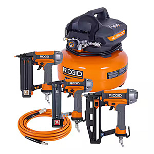 Ridgid 6 Gal. 150 PSI Electric Air Compressor with 25 ft. Hose, 18GA Brad Nailer, 16GA Finish Nailer and 18GA Finish Stapler $169.00 + Free Shipping or In Store Pickup
