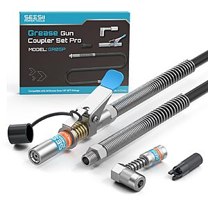 Seesii Grease Gun Accessory Kit Pro w/ 12000 PSI Quick-Release Coupler,90° Adapter,39.4" Flex Hose & Zerk Cleaning Tool $13.99 + Free Shipping w/ Prime or on $35