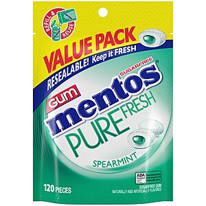 Mentos Pure Fresh Sugar-Free Chewing Gum with Xylitol, Spearmint, 120 Piece Bulk Resealable Bag (Pack of 1) for $2.33