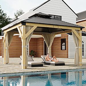 Garvee 12x12 ft Hardtop Gazebo with Nettings and Curtains,Wood Grain Heavy Duty Double Roof Galvanized Steel Outdoor Combined of Vertical Stripes Roof for Patio $901.15