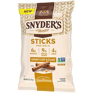 20.95 or less S&S/Multibuy 9 BAGS of Snyder's of Hanover Honey Oat & Flax Pretzel Sticks,8 Oz Bag