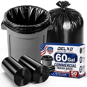 50-Count Delxo 55-60 Gallon Heavy Duty Trash Bags (38" x 56") $12.77 w/ S&S + Free Shipping w/ Prime or on $35