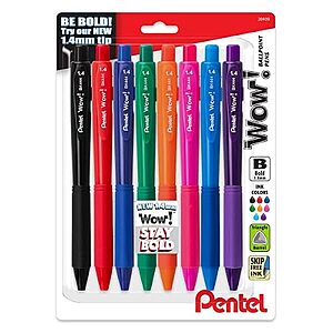 5.22:[S&S] Pentel WOW!Retractable Ballpoint Pens 1.4mm Bold 8-Pack Assorted Colors at Amazon