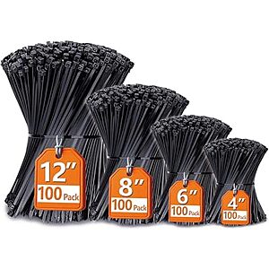 400-Pk Black Cable Zip Ties (Various Sizes) $6