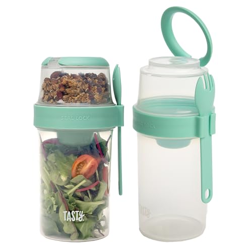 Tasty Salad Shakers with Spork...Compartments,2-Pack Set,Aqua