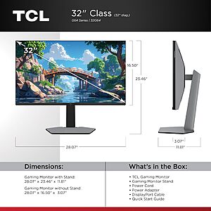 TCL 32G64 32 Inch 1440P (QHD) QD Mini LED Gaming Monitor,180Hz,1ms $349.99