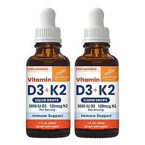 Sandhu's Vitamin D3 K2 Drops for Adults | 5000 IU D3 Liquid,120mcg K2 Supplement 1 Fl Oz (Pack of 2) $23.99