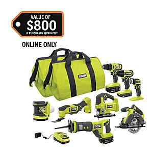 296:RYOBI ONE+ 18V Cordless 8-Tool Combo Kit with (1) 1.5 Ah Battery and (2) 4.0 Ah Batteries and Charger at HomeDepot