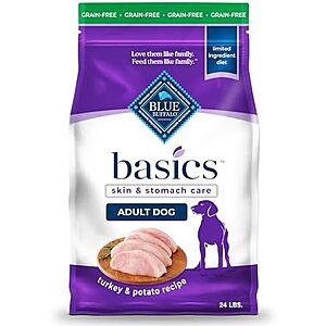 SnS,AC] $24.65 | Blue Buffalo Basics Grain-Free Adult Dry Dog Food,Skin & Stomach Care,Limited Ingredient Diet for Dogs,Turkey Recipe,24-lb.Bag at Amazon