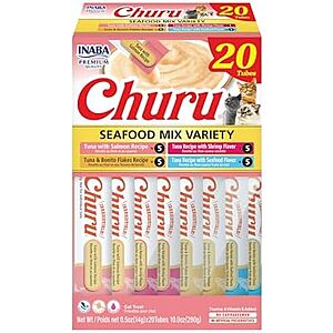 S&S,AC] $7.69*:20-Pack 0.5-Oz INABA Churu Cat Treats (Seafood) at Amazon
