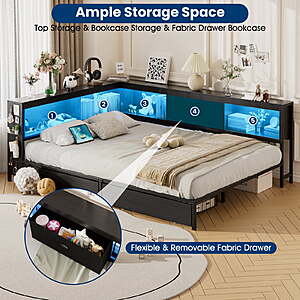 Lusimo Full Corner Bed Frame with Bookcase Storage and LED Lights & Charging Station,Metal Platform Bed Frame with Storage Drawers Underneath for Bedroom,Gray $259.99