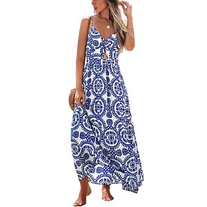 CUPSHE Summer Dresses for Women Casual V Neck Sleeveless Paisley Cutout Maxi Formal Beach Vacation Dress Blue Paisley,XS $40.79