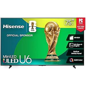499.96* | 75" Hisense U6 Series 144Hz 4K UHD Mini-LED Smart TV at Amazon