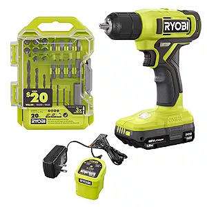 RYOBI ONE+ 18V Cordless 3/8 in.Drill/Driver Kit with 1.5 Ah Battery,Charger,and Drill and Impact Drive Kit (20-Piece) $44.97