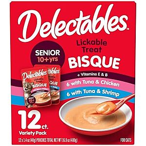 SnS,AC] $7.14 | 12-Pack 1.4-Oz Delectables Lickable Treat Bisque Senior 10+ Wet Cat Treat (Senior Variety) at Amazon (59.5￠ each