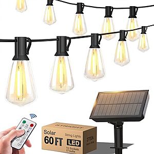 Prime: 60' Stright Solar Powered LED Outdoor Edison Bulb String Lights w/ Remote $17.45 + Free Shipping