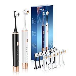 Aneebart Sonic 2 Pack Electric Toothbrush for Adults,Travel Toothbrush Includes 12 Replacement Toothbrush Heads $7.97