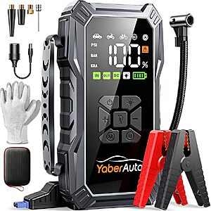 YaberAuto 10-in-1 Jump Starter with Air Compressor 6000A 150PSI Car Battery Jump Starter (All Gas/10L Diesel) 12V Jump Box Car Battery Jumper Starter $41 $40.59