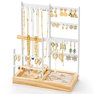DreamGenius Jewelry Organizer Stand with Velvet Ring Holder,4 Tier Jewelry Holder Organizer with 11 Hooks for Necklaces and 132 Holes for Earrings,White $9.99