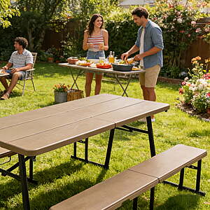 109 Free Ship Walmart:Living and More 3-Piece Picnic Table Set,6 Foot Polyethylene Folding Table with 2 Folding Benches,Weather Resistant