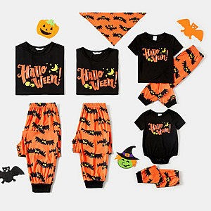 PatPat Halloween Pajamas Family Matching Letter & Bat Print Short Sleeve Pajamas Sets for Pet,Black & Orange $6.99