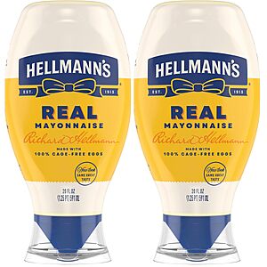 S&S] Hellmann's Real Mayonnaise Real Mayo Squeeze Bottle For a Rich Creamy Condiment Gluten Free,Made With Cage-Free Eggs 20 oz (Pack of 2) $8.35