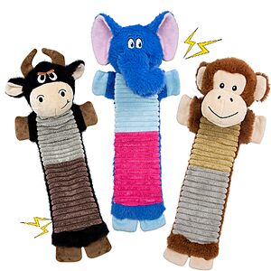 3-Pack 18" No Stuffing Crinkle Squeaky Plush Dog Toys (Elephant,Cattle & Monkey) $8.49 + Free Shipping w/ Prime or on $35
