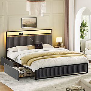 Antioch Upholstered Platform Bed with 2-Drawer Storage and Charging Station (Various Colors,King Size) $199.99 + Free Shipping