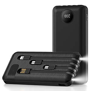 Yelomin 20000mAh Power Bank with 4 Built-in Cables $11.29