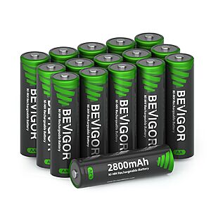 BEVIGOR AA Rechargeable Batteries 16 Pack,2800 mAh High Capacity and Low Self Discharge,1.2V Ni-MH Double AA Rechargeable Batteries $10.5