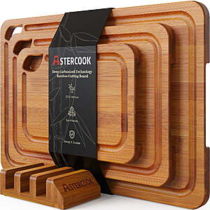 23.79:4-Pc Astercook Bamboo Wood Cutting Board Set w/ Juice Groove,Handles & Stand at Walmart.com