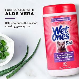 11.98 or less S&S/Code:4 x 50 count Tubs Wet Ones for Cats Freshening Wipes,Multi-Purpose Cat Grooming Wipes with Aloe Vera,Helps Remove Dirt,Odor,and Dander