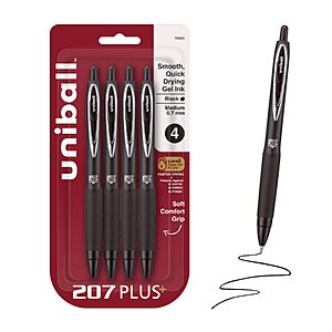 uniball™ 207 Plus+ Gel Pens,Black Ink,0.7mm Medium Point,4 Count | Retractable,Faster-Drying,Smooth Writing,Smear-Resistant,uni Super Ink™~$3.64 @ Amazon