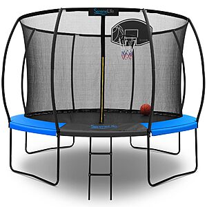 SereneLife 10FT Outdoor Trampoline for Kids,Net Enclosure,Ladder & Basketball Hoop – ASTM Certified,Supports 308 lbs,120"x111",Blue $271