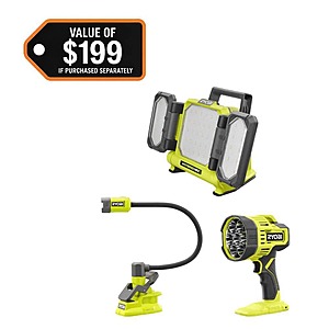 Daily Deal:RYOBI ONE+ 18V 3-Tool Lighting Kit with Hybrid Panel Light,Spotlight and Flexible Clamp Light (Tools Only) for $79 + free shipping