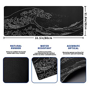 Japanese Gaming Mouse Pad Abstract Black Mouse Pad 31.5x11.8 Inch Black Sea Wave Texture Non-Slip Rubber Base Large Ocean Mousepad Stitched Edges Keyboard Mouse Mat $7.49