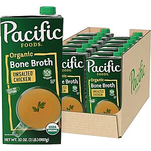 SnS,AC] $34.68 | 12-Pack 32-Oz Pacific Foods Organic Unsalted Chicken Bone Broth (Chicken) at Amazon ($2.89 each