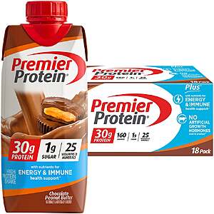 29.99 COSTCO Premier 30g Protein PLUS Energy and Immune Support Shakes,Chocolate Peanut Butter,11 fl oz,18-pack
