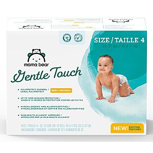 Amazon Brand - Mama Bear Gentle Touch Diapers, Size 4, 148 Count (4 packs of 37) $22.56
