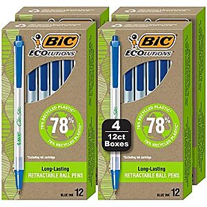 [S&S] $8.35: 4-Pack 12-Count BIC Ecolutions Clic Stic Blue Ballpoint Pens (Medium Point, 1.0mm) at Amazon