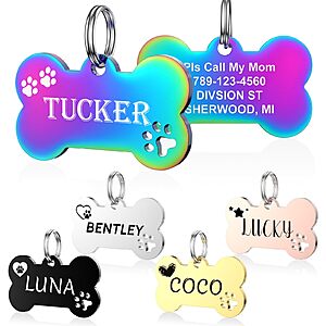 YEHANTI Personalized Stainless Steel Dog Tags for Pets w/ Custom ID Engraving (Hollow Bone,Various Colors/Sizes) from $2.99 + Free Shipping w/ Prime or on $35