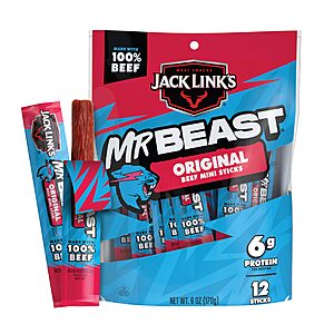 S&S,AC] $5.51:Jack Link's x MrBeast Original Mini Beef Jerky Sticks,Original Beef,12 Pack,6oz