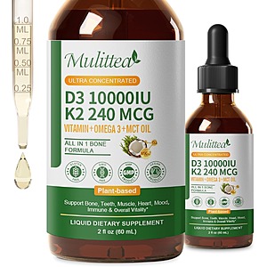 Prime:Mulittea 2 Pack Vitamin D3 K2 Liquid 10000 IU w/ MK7,Omega-3 & MCT Oil $10.23 + Free Shipping